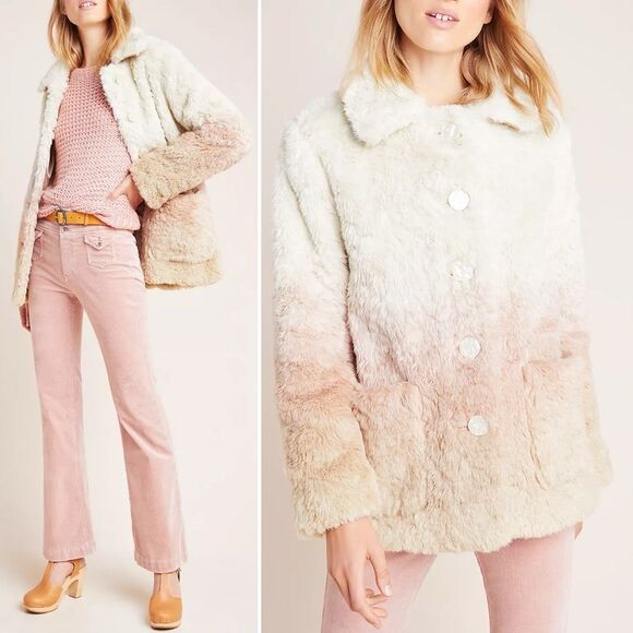 Anthropologie Blush Ombré Faux Fur Coat Boho Teddy Jacket Women’s Size Medium - Picture 1 of 15